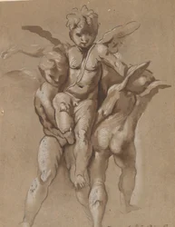 Zwei Putti tragen einen dritten Putti (recto); Ein Jüngling mit einem Stab (verso)