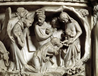 Detail der Reliefs des Stuhls von Giovanni Pisano (1248-1314): Anbetung der Heiligen Drei Könige (Detail)