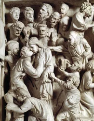 Detail der von Giovanni Pisano (1248-1314) geschaffenen Reliefs der Kanzel: der Judaskuss (Detail der Reliefs der Marmorkanzel, Judaskuss), 1302-1311. Kathedrale von Pisa (Duomo di Pisa), Italien