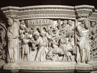 Detail der Reliefs des Stuhls: Die Darstellung Jesu im Tempel und die Flucht nach Ägypten (Detail)