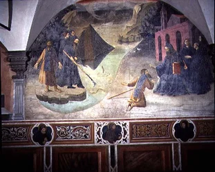 Der heilige Benedikt holt die Axt des Holzfällers aus dem See, Detail aus dem Freskenzyklus des Lebens des heiligen Benedikt aus dem Chiostro degli Aranci, ca. 1430er Jahre