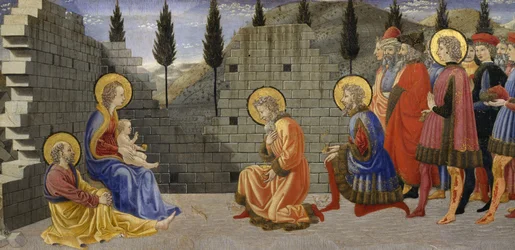 Anbetung der Heiligen Drei Könige, Detail der Geburt und Anbetung der Heiligen Drei Könige, zwischen 1457 und 1459, von Giovanni di Francesco (1412-1459), Tempera auf Holz