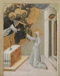 Predella-Tafel eines Altars: St. Katharina von Siena wird mit dem Dominikanerhabit bekleidet