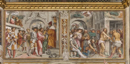 Zentrales Schiff, fünfter südlicher Spann, Christus vor Pilatus, Geißelung Christi, Jerome Romanino