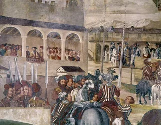 Turnier zu Ehren von Christian I. von Dänemark im Castello di Malpaga, Detail von der linken Seite, 1520-30