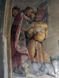 Zwei Männer im Gespräch, Detail eines Freskos von Girolamo Romanino (ca. 1484-nach 1562), die linke Wand des Presbyteriums der Kirche des Heiligen Antonius Abt, Breno, Italien
