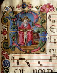 Lettrine B dekoriert, die die Heilige Dreifaltigkeit darstellt. Miniatur von Girolamo da Cremona aus einem Chorbuch der Kathedrale von Siena. 15. Jahrhundert