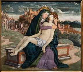 Beweinung, von Gerolamo da Treviso dem Älteren, ca. 1495-7. Im Hintergrund eine befestigte Stadt, die ein venezianisches Dorf wie Soave oder Marostica darstellen könnte.