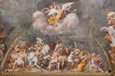 Ajax schützt den Leichnam von Patroklos während der Schlacht von Troja, Das Trojanische Pferd, Kammer von Troja (Sala di Troia)