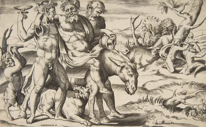 Ein betrunkener Silen reitet auf einem Esel, unterstützt von Satyrn, 1531-76