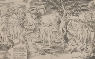 Amor in den Elysischen Feldern an einen Baum gebunden, umgeben von vielen Figuren