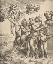 Pan links sitzend neben einer stehenden Nymphe, rechts Amor mit Zimbeln, 1531-76
