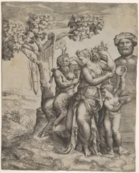 Pan sitzt neben einer weiblichen Figur mit einem Füllhorn (ca. 1550-60)