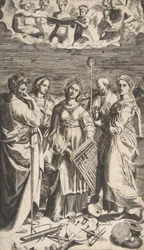 Heilige Cäcilia in der Mitte, begleitet von Paulus, der Magdalena, Johannes, 1531