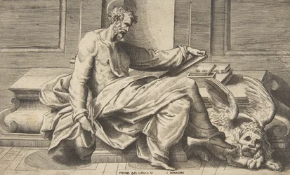 Der heilige Markus schreibt sein Evangelium, ein geflügelter Löwe rechts, 1531-76