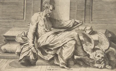 Der heilige Markus schreibt sein Evangelium, geflügelter Löwe rechts