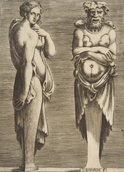 Zwei Figuren, eine Nymphe links und Silvanus rechts
