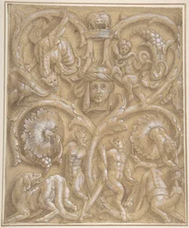 Entwurf für ein Zierpanel mit Rinceaux, Satyrn, Putti, Monstern und einem menschlichen Kopf, 1535-45