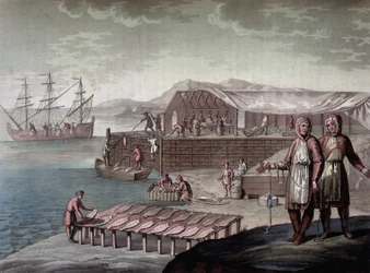 Dorschfang durch die Einwohner von Neufundland - in Le costume ancien et moderne von Ferrario, ed. Mailand