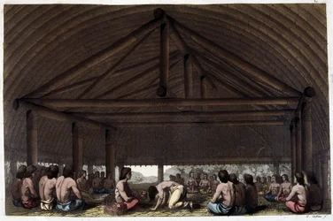 Auf der Insel der Freunde (Tonga), König Pulaho trinkt Kava - in Le costume ancien et moderne von Dr. Jules Ferrario, ed. Mailand