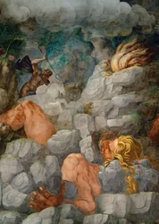 Riesen versuchen, den Olymp zu stürmen und werden von herabfallenden Felsen zerschmettert