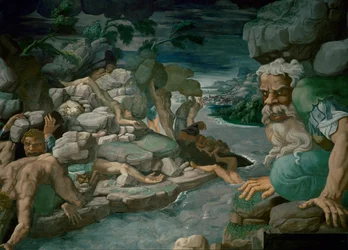 Riesen, die versuchen, Olympos zu stürmen, werden von herabfallenden Felsen zerschmettert