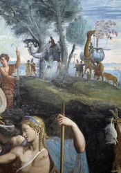 Edles Bankett (Südwand), Detail: Kamele und Giraffe. Fresko von Giulio Pippi de