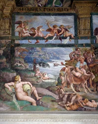 Hochzeitsfest oder Bankett der Götter, Fresko von Giulio Romano (1499-1546), Westwand der Kammer von Amor und Psyche, Palazzo Te, Mantua (UNESCO-Welterbeliste, 2008), Lombardei, Italien