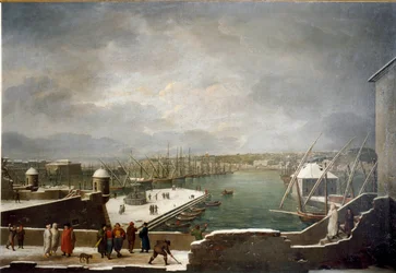 Ansicht des Hafens von Genua, bedeckt mit Schnee