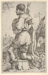 Heiliger Rochus, kniend auf einem Stein, von der Seite gesehen mit seinem Hund dahinter, 1620-30