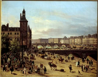 Blick auf den Blumenweg, den Uhrturm, die Pont au Change und die Pont-Neuf in Paris