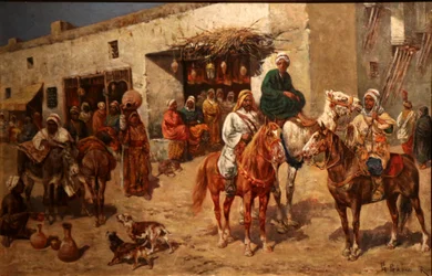 Reiter vor dem Laden eines Trödlers