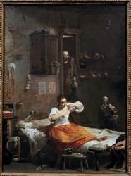 Die Frau mit dem Floh. Gemälde von Giuseppe Crespi (1665-1747) 18. Jahrhundert
