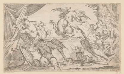 Aeneas und seine Gefährten kämpfen mit den Harpyien