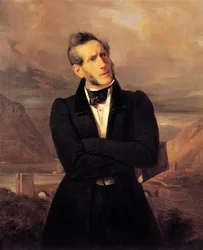 Porträt von Alessandro Manzoni mit Ansichten von Lecco