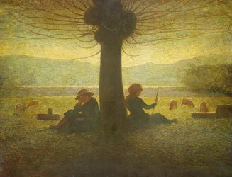 Ein Hirte und eine Hirtin ruhen unter einem Baum, ca. 1905