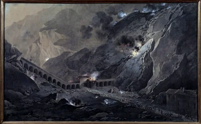 Erste Italienische Kampagne (1796-1797): „Durchgang der französischen Artillerie bei Nacht unter dem Fort von Bard, das am 21. Mai 1800 von den Österreichern besetzt war“