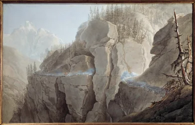 Erster Italienfeldzug (1796-1797): Die Franzosen der Armee von Napoleon Bonaparte (1769-1821) zwingen den Feind, die befestigte Schlucht von La Clusse (Cluse) im Aostatal am 21.05.1800 aufzugeben