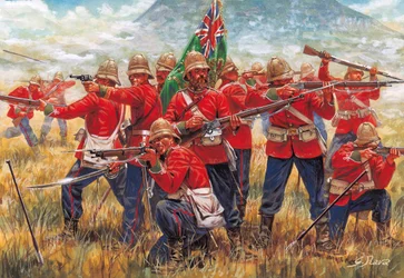 Anglo-Zulu-Krieg: Soldaten des Britischen Empire in der Schlacht bei Isandhlwana (Isandlwana oder Isandula) in Südafrika, 22/01/1879 - Illustration von Giuseppe Rava