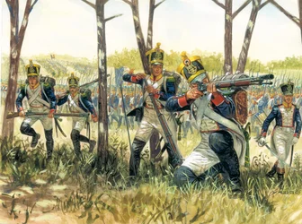 Erstes Kaiserreich: Französische Infanterie-Voltigeure (Illustration von Giuseppe Rava)