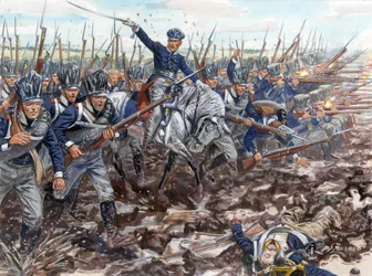 Erstes Kaiserreich: Vormarsch der preußischen Infanterie 1813 - Illustration von Giuseppe Rava
