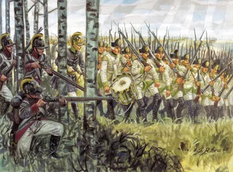 Erstes Kaiserreich: Soldaten der österreichischen Infanterie im Vormarsch um 1798 - 1805 - Illustration von Giuseppe Rava