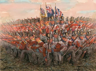 Napoleonische Kriege: Englische Soldaten in der Schlacht von Waterloo am 18. Juni 1815 (Illustration von Giuseppe Rava)