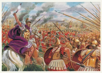 Römische Antike: Die Schlacht von Ausculum (279 v. Chr.) zwischen der römischen Armee unter der Führung von Publius Decius Mus und den koalisierten Truppen von Epirus, Tarent, Oscus, Samniten unter dem Kommando des Königs von Epirus Pyrrhus I. - Schlacht v