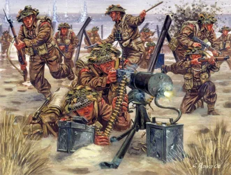 Zweiter Weltkrieg: Landung in der Normandie im Juni 1944, englische Soldaten - WWII: Landung in der Normandie, britische Truppen, 6. Juni 1944 - Illustration von Giuseppe Rava