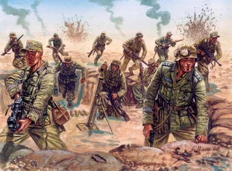 Zweiter Weltkrieg, Afrikafeldzug: Soldat des Deutschen Afrikakorps (Afrika-Korps, Afrikakorps oder DAK), der deutschen Expeditionsstreitkraft, in der libyschen Wüste