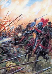 Religionskriege: Die Schlacht von Ivry am 14.03.1590 sah den Sieg der königlichen Armee gegen die Katholische Liga - Illustration von Giuseppe Rava