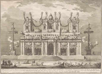Die Seconda Macchina für die Chinea von 1765: Ein dekoriertes Gebäude mit Schlaraffenlandstangen