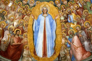 Das Baptisterium von Padua. Deckenfresken 14. Jahrhundert von Giusto de Menabuoi. Das Paradies. Jungfrau Maria mit Patriarchen, Propheten und Heiligen. (Detail) Padua. Italien.
