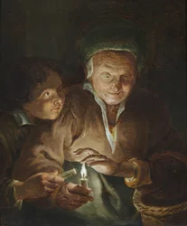 Eine alte Frau und ein Junge mit Kerzen in einem Innenraum